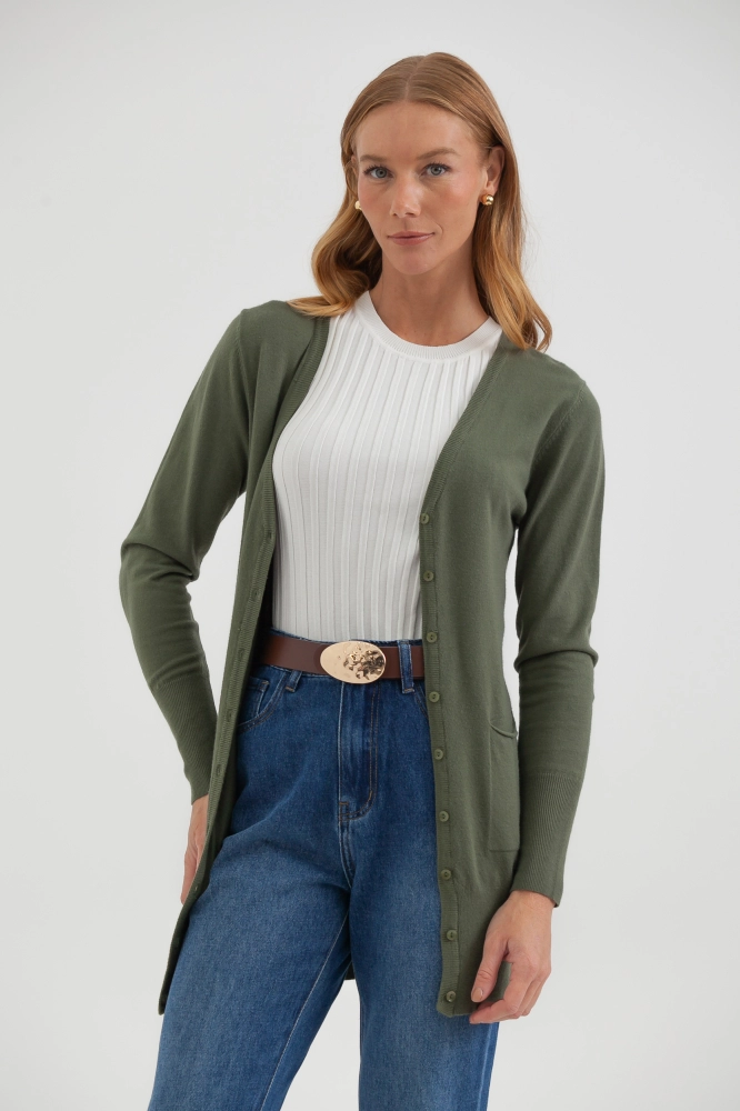 9034925 - Cardigan Tricô Alongado VERDE OLIVA 9034925 - Cardigan Tricô Alongado VERDE OLIVA - Imagem 1