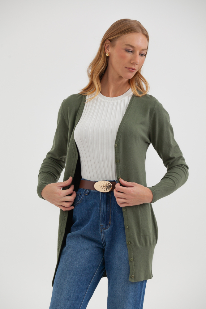 9034925 - Cardigan Tricô Alongado VERDE OLIVA 9034925 - Cardigan Tricô Alongado VERDE OLIVA