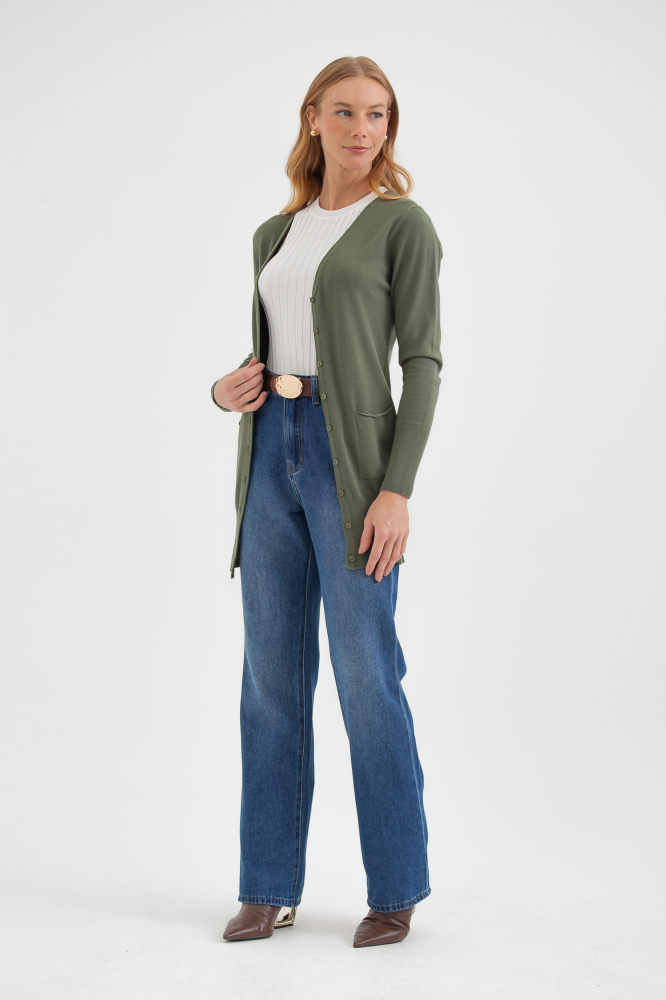 9034925 - Cardigan Tricô Alongado VERDE OLIVA 9034925 - Cardigan Tricô Alongado VERDE OLIVA