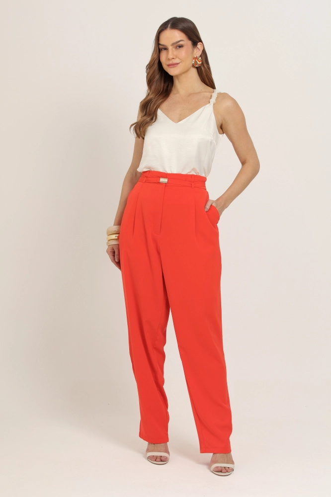 9036121 - Calça Reta Alfaiataria Com Cinto  LARANJA