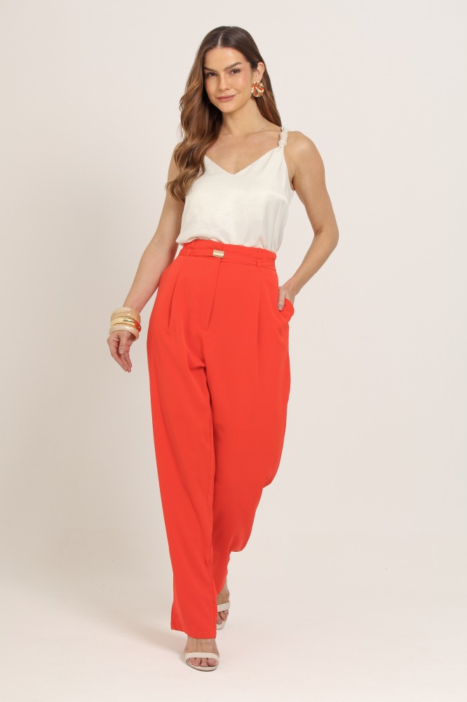 9036121 - Calça Reta Alfaiataria Com Cinto  LARANJA