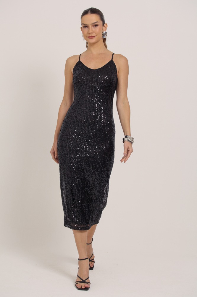 9036192 - Vestido Midi Paetê  PRETO