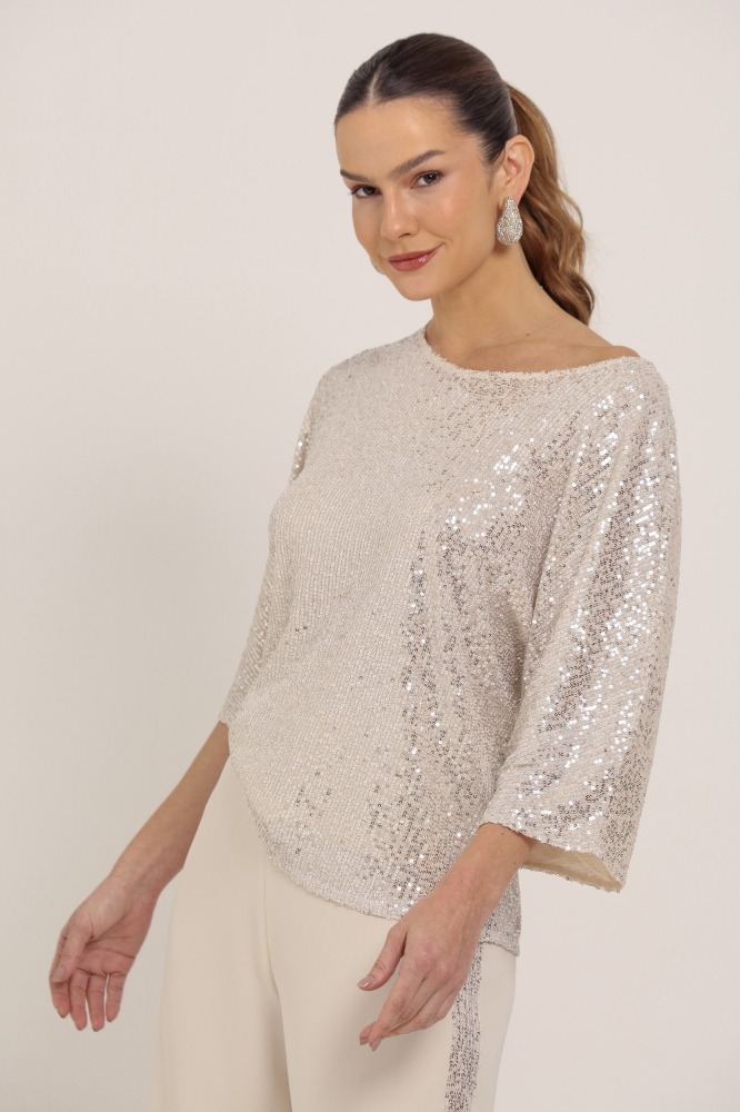 9036194 - Blusa Manga 3/4 Paetê BEGE