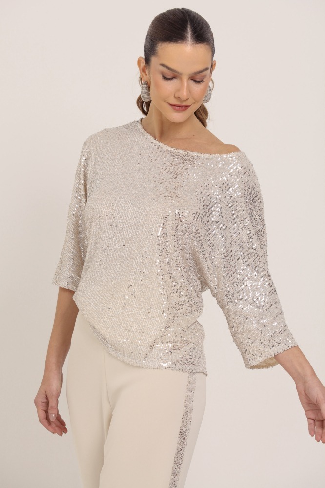 9036194 - Blusa Manga 3/4 Paetê BEGE