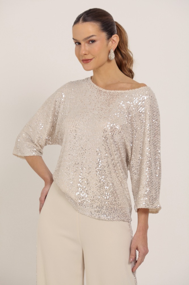 9036194 - Blusa Manga 3/4 Paetê BEGE