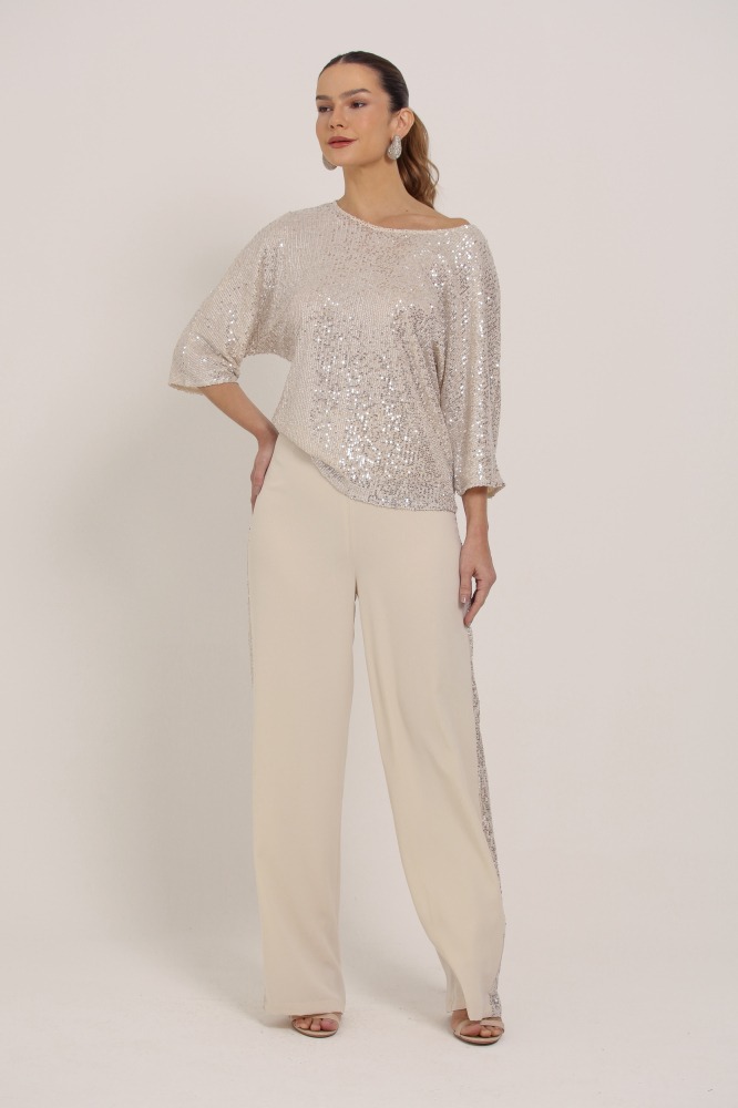 9036194 - Blusa Manga 3/4 Paetê BEGE