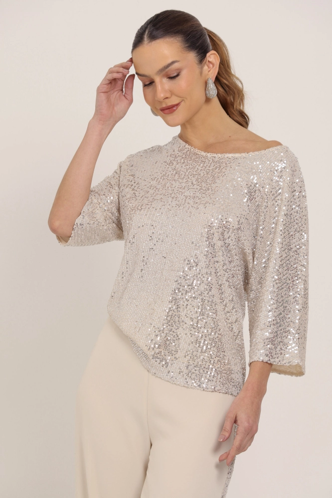9036194 - Blusa Manga 3/4 Paetê BEGE