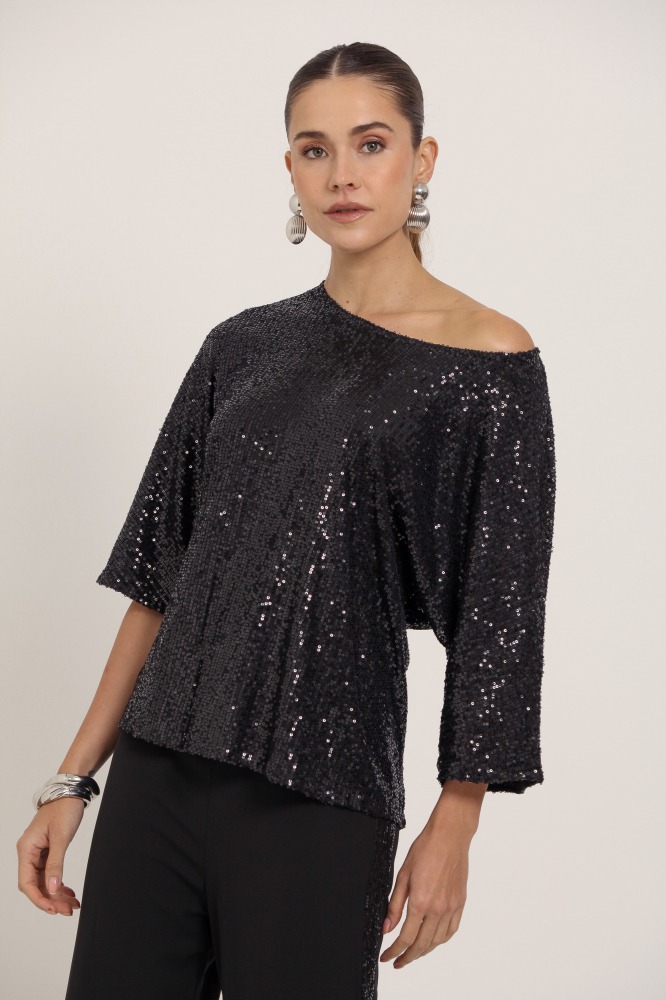 9036194 - Blusa Manga 3/4 Paetê PRETO