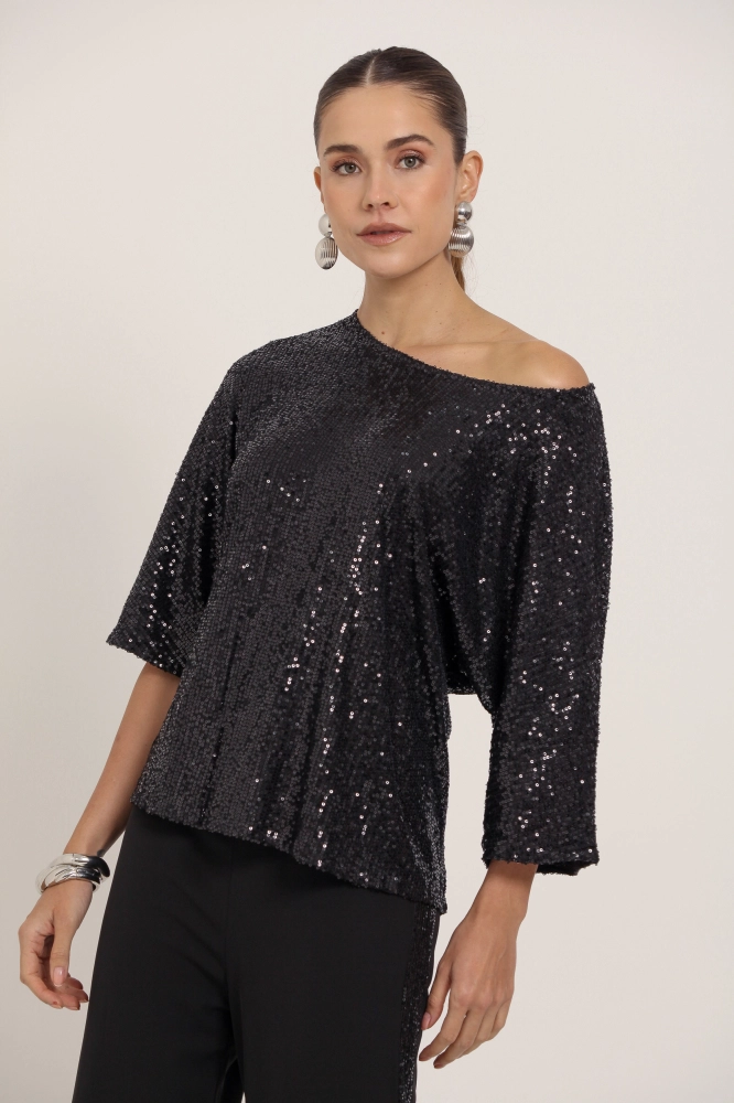 9036194 - Blusa Manga 3/4 Paetê PRETO