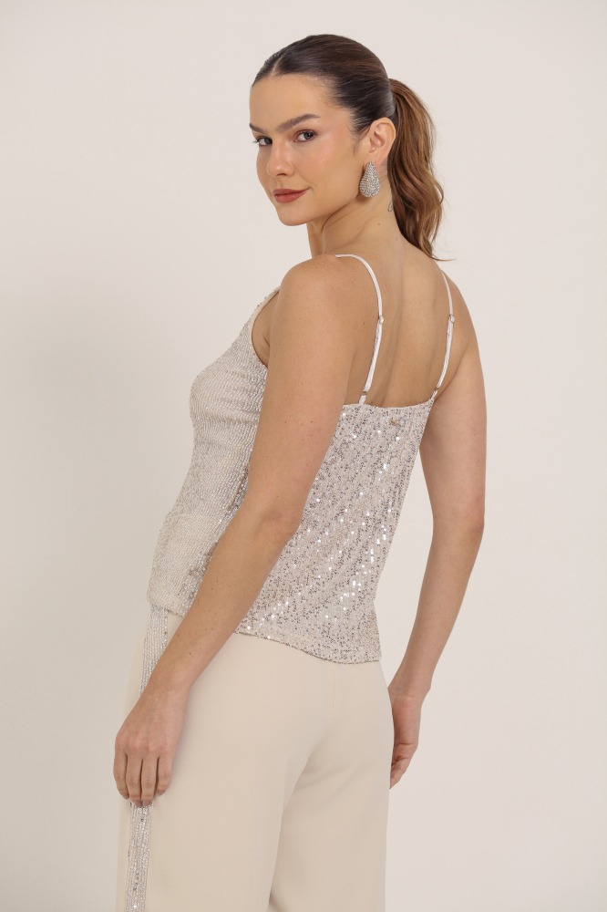 9036195 - Regata Alça Fina Paetê BEGE