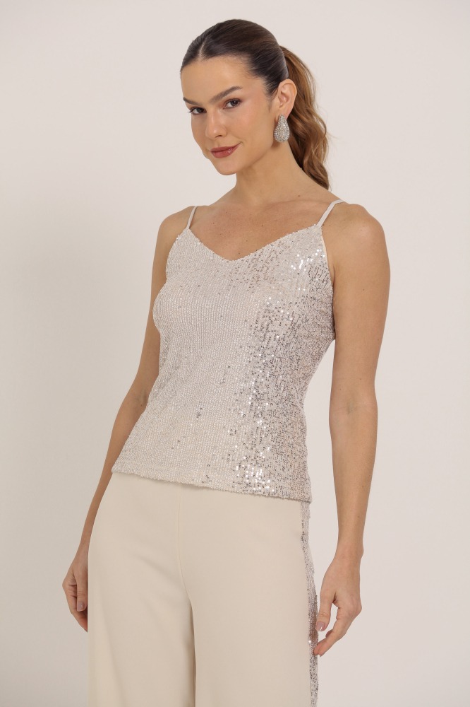 9036195 - Regata Alça Fina Paetê BEGE