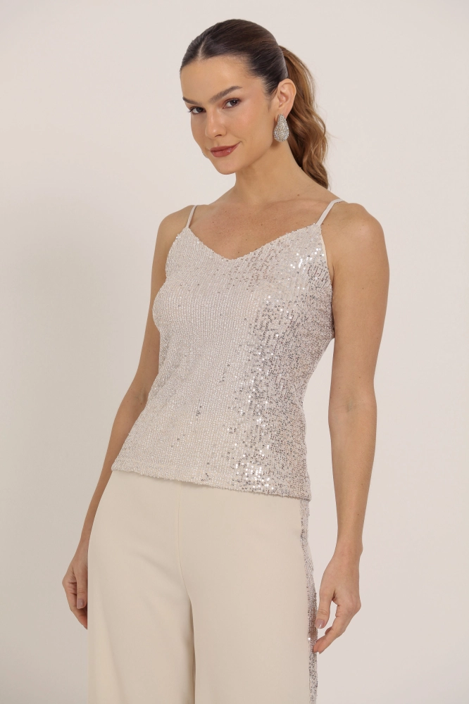 9036195 - Regata Alça Fina Paetê BEGE