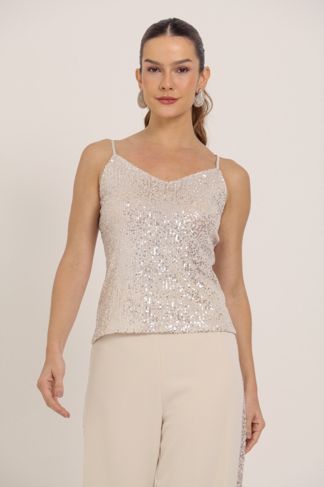 9036195 - Regata Alça Fina Paetê BEGE