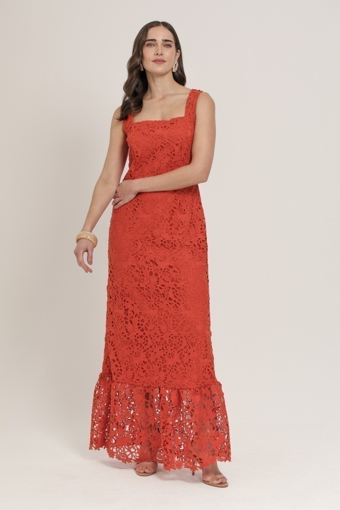 9036305 - Vestido Longo Guipir Decote Quadrado FERRUGEM 9036305 - Vestido Longo Guipir Decote Quadrado FERRUGEM