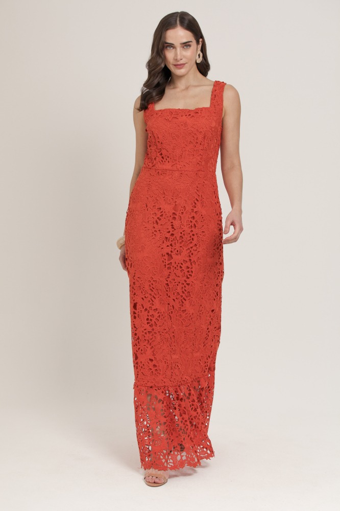 9036305 - Vestido Longo Guipir Decote Quadrado FERRUGEM 9036305 - Vestido Longo Guipir Decote Quadrado FERRUGEM
