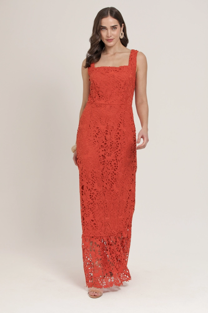 9036305 - Vestido Longo Guipir Decote Quadrado FERRUGEM 9036305 - Vestido Longo Guipir Decote Quadrado FERRUGEM - Imagem 1