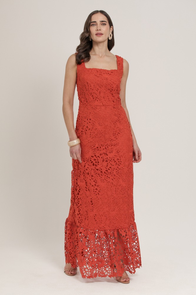 9036305 - Vestido Longo Guipir Decote Quadrado FERRUGEM 9036305 - Vestido Longo Guipir Decote Quadrado FERRUGEM