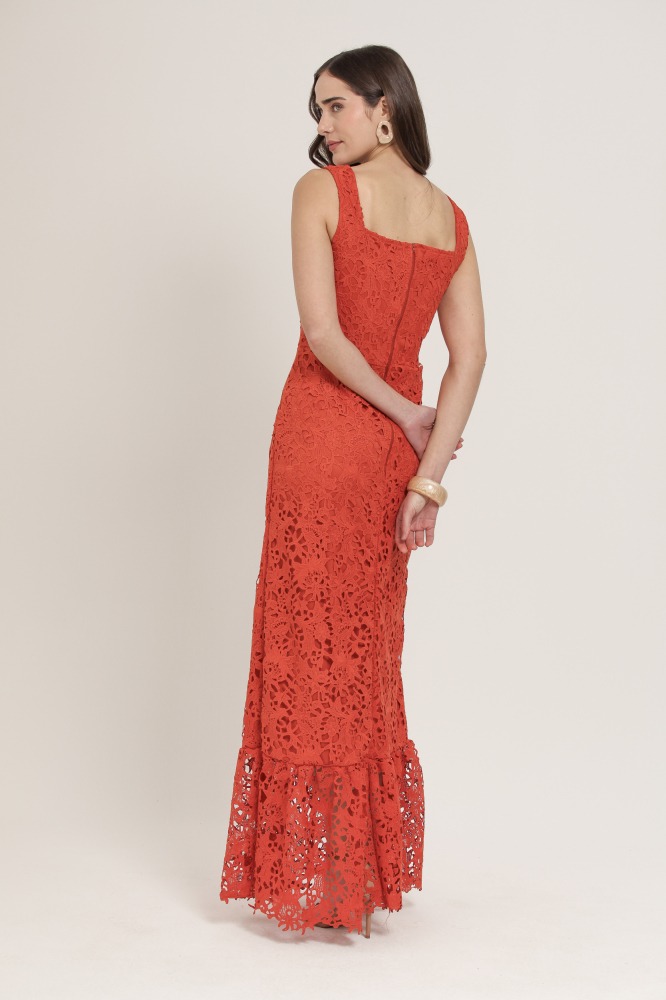 9036305 - Vestido Longo Guipir Decote Quadrado FERRUGEM 9036305 - Vestido Longo Guipir Decote Quadrado FERRUGEM