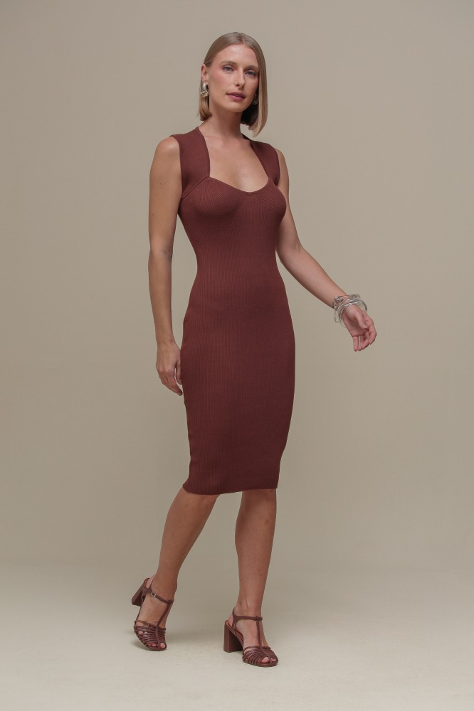 9036317 - Vestido Tricô Midi Alça Larga MARROM