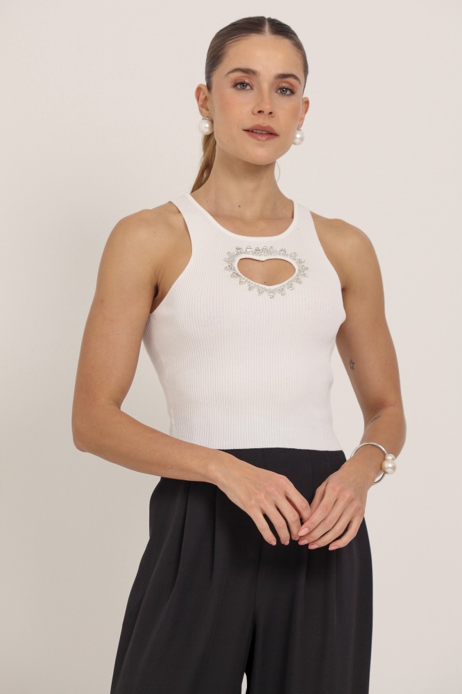 9036647 - Regata Tricô Coração Pedraria  OFF-WHITE