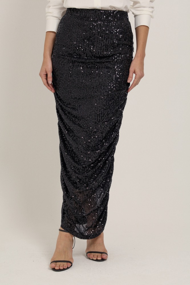 9036760 - Saia Midi Paetê Franzido Lateral PRETO