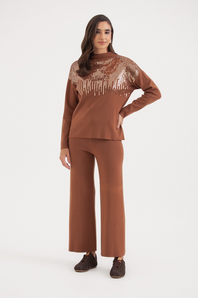 9036851 - Conjunto Tricot Com Detalhe Em Paetê MARROM