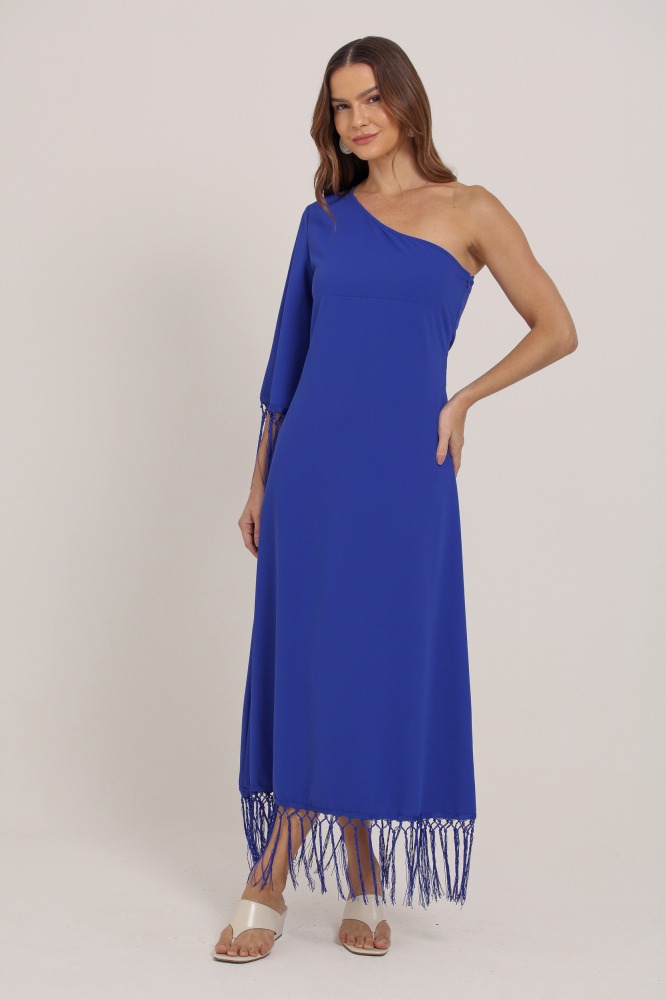 9036891 - Vestido Midi Manga Única Detalhe Em Franjas AZUL
