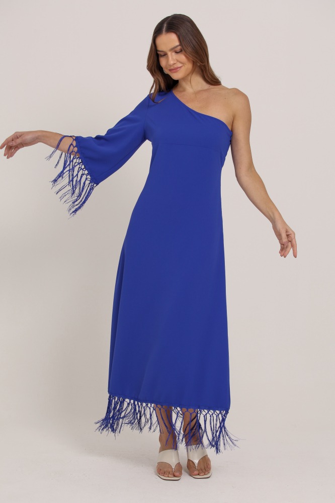 9036891 - Vestido Midi Manga Única Detalhe Em Franjas AZUL