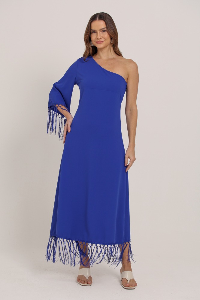 9036891 - Vestido Midi Manga Única Detalhe Em Franjas AZUL