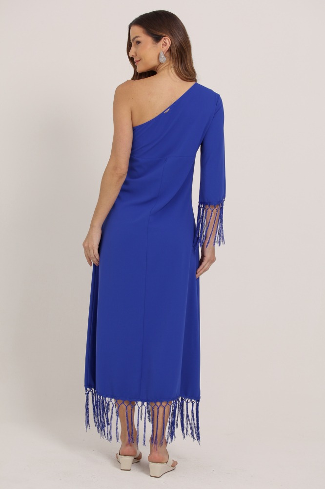 9036891 - Vestido Midi Manga Única Detalhe Em Franjas AZUL