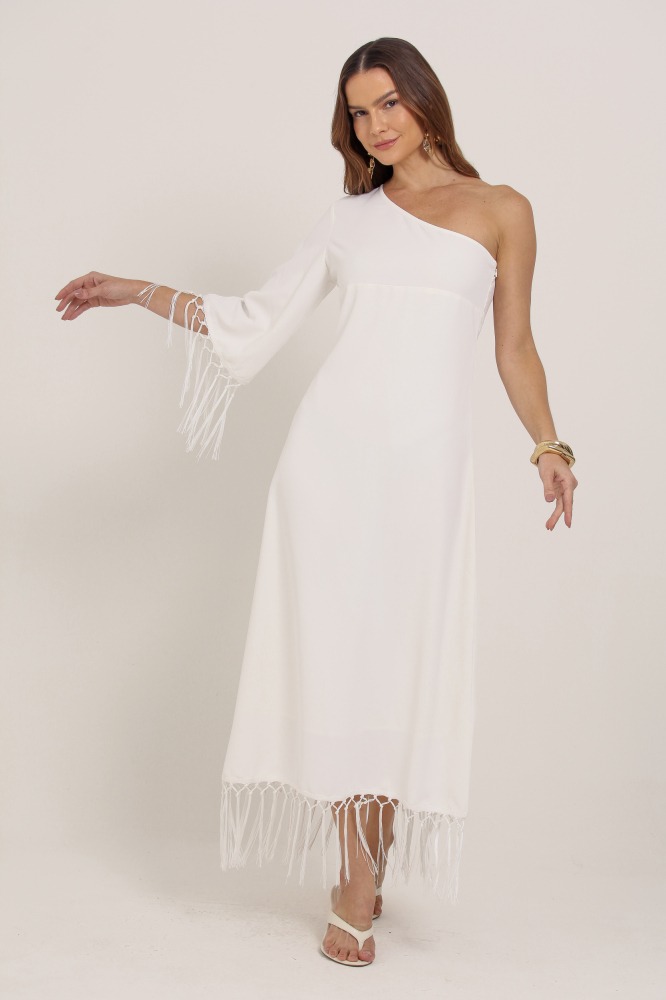 9036891 - Vestido Midi Manga Única Detalhe Em Franjas BRANCO