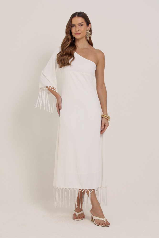9036891 - Vestido Midi Manga Única Detalhe Em Franjas BRANCO