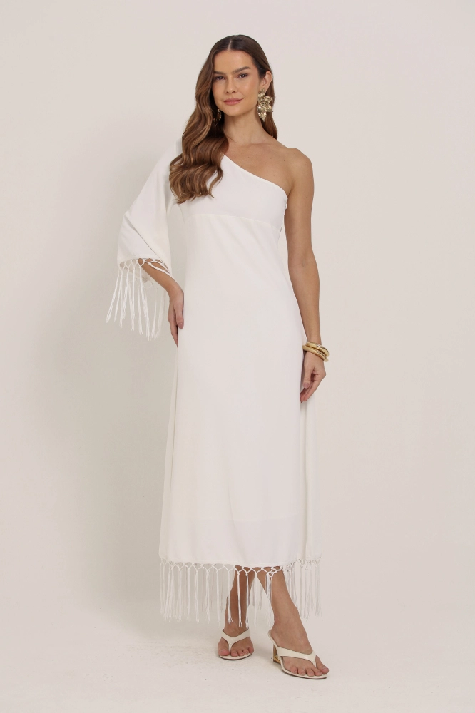 9036891 - Vestido Midi Manga Única Detalhe Em Franjas BRANCO 9036891 - Vestido Midi Manga Única Detalhe Em Franjas BRANCO