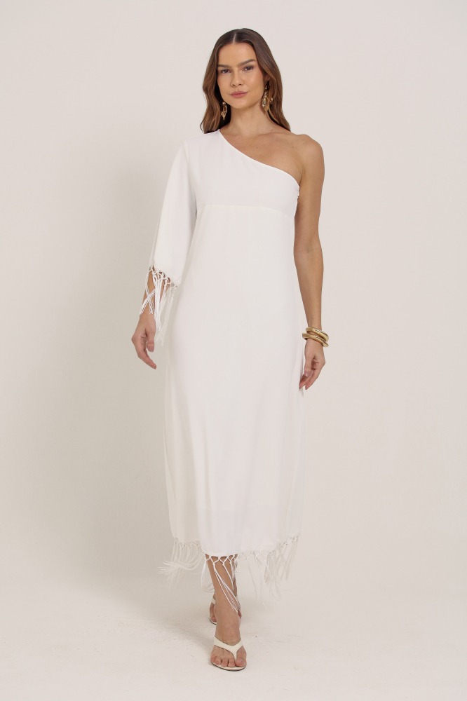 9036891 - Vestido Midi Manga Única Detalhe Em Franjas BRANCO