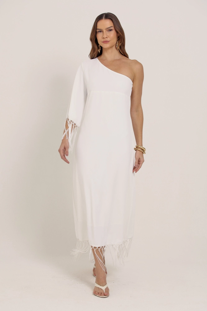 9036891 - Vestido Midi Manga Única Detalhe Em Franjas BRANCO 9036891 - Vestido Midi Manga Única Detalhe Em Franjas BRANCO - Imagem 2