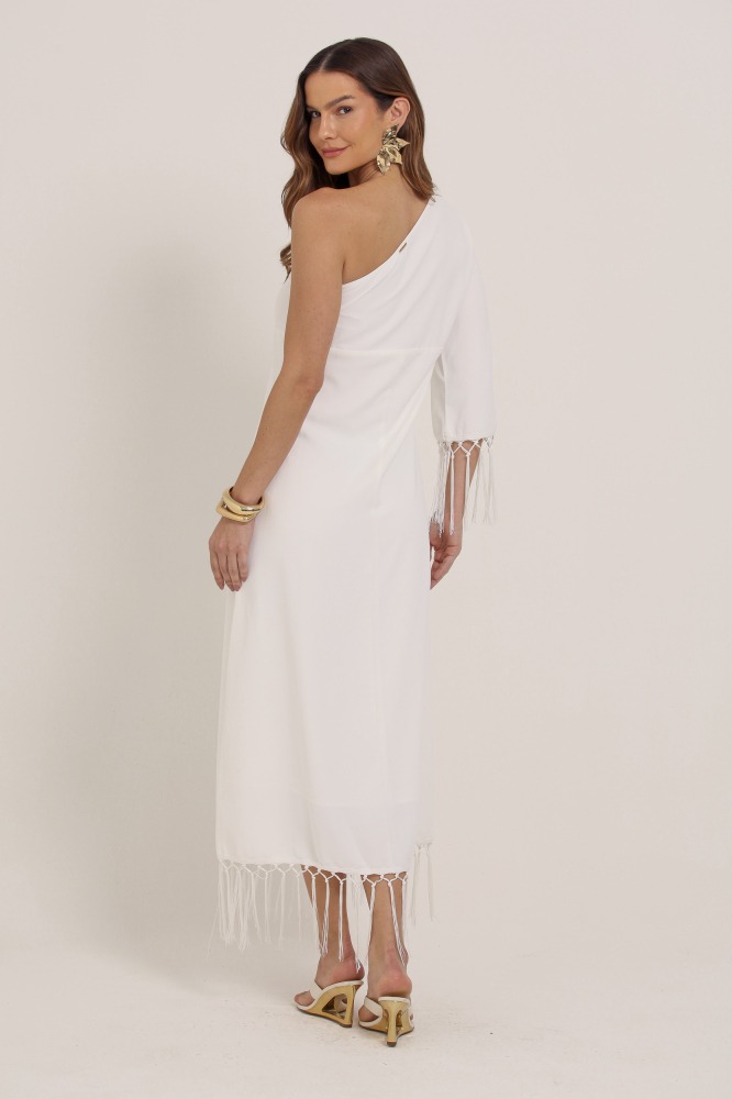 9036891 - Vestido Midi Manga Única Detalhe Em Franjas BRANCO