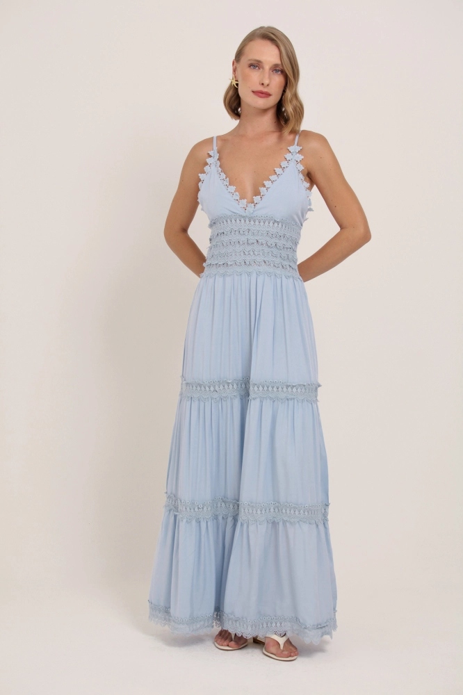 9036894 - Vestido Longo Com Detalhes Em Guipir  AZUL