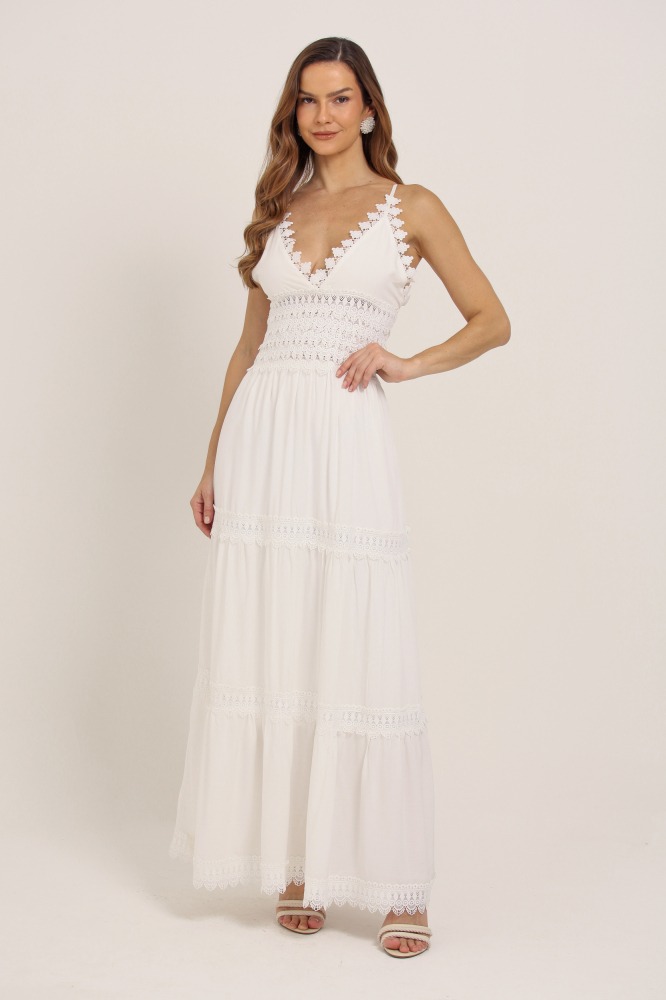 9036894 - Vestido Longo Com Detalhes Em Guipir  BRANCO