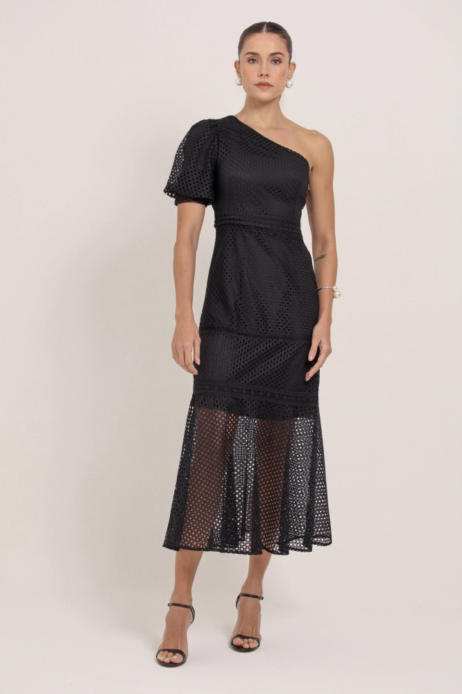 9036895 - Vestido Midi Guipir Manga Só PRETO 9036895 - Vestido Midi Guipir Manga Só PRETO