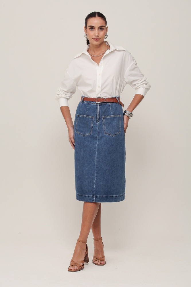 9036923 - Saia Midi Cinto em PU JEANS