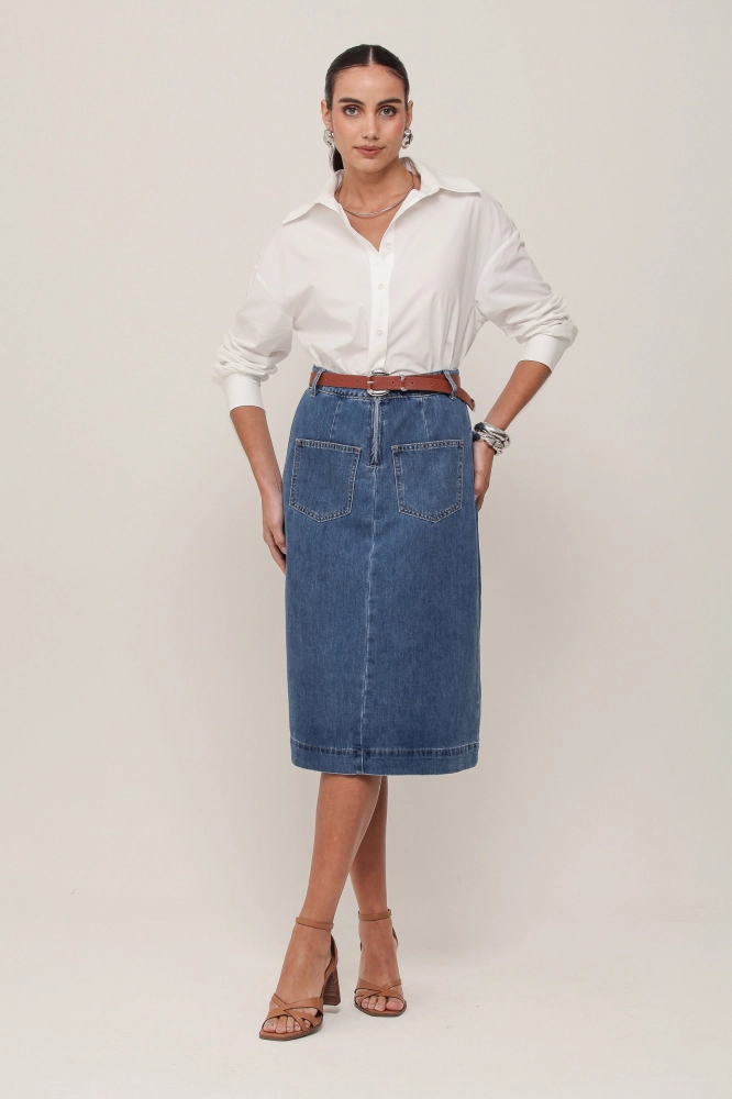 9036923 - Saia Midi Cinto em PU JEANS