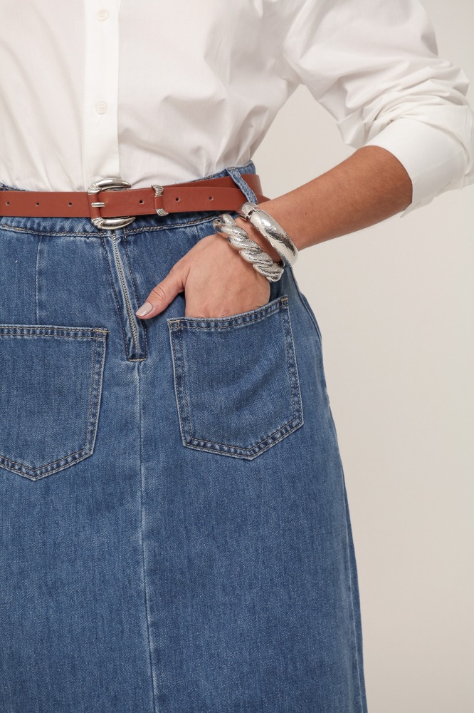 9036923 - Saia Midi Cinto em PU JEANS