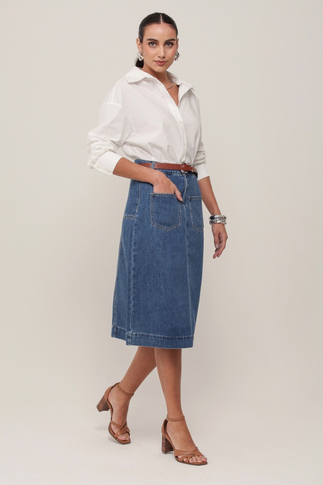 9036923 - Saia Midi Cinto em PU JEANS