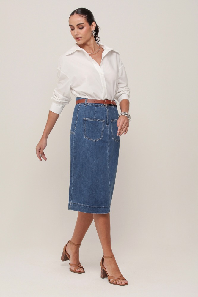 9036923 - Saia Midi Cinto em PU JEANS