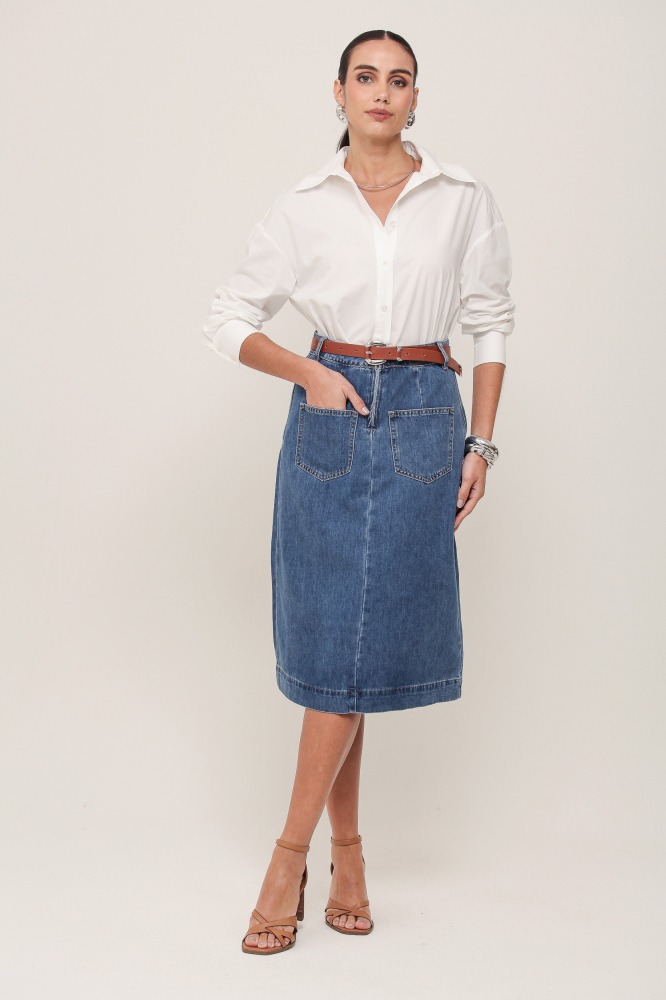 9036923 - Saia Midi Cinto em PU JEANS