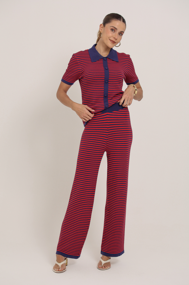 9036933 - Calça Pantalona Listrada Tricot VERMELHO