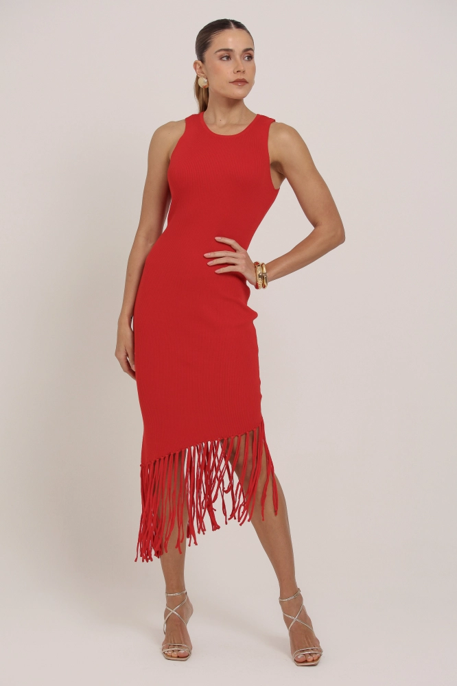 9036951 - Vestido Midi De Tricot Com Franjas Na Barra VERMELHO