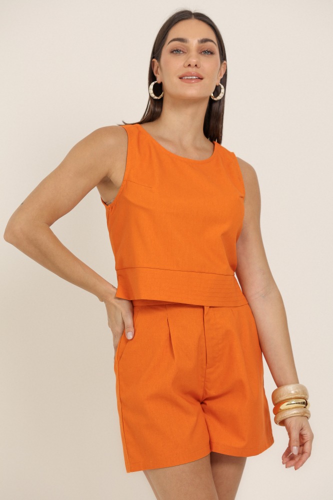 9036963 - Blusa Linho Detalhe Pespontado Barra LARANJA