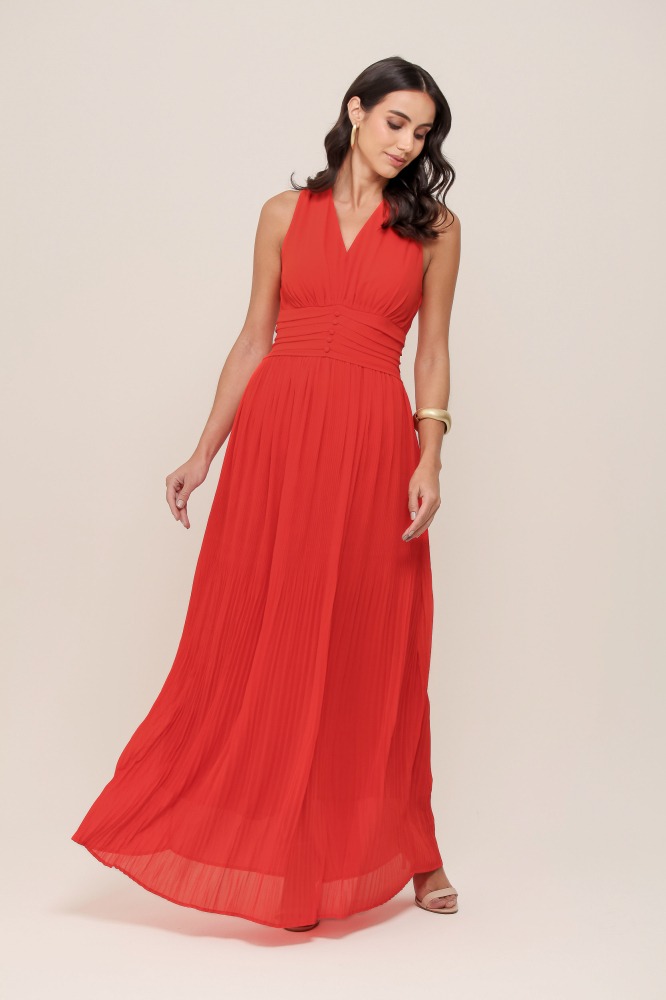 9037001 - Vestido Plissado Longo LARANJA