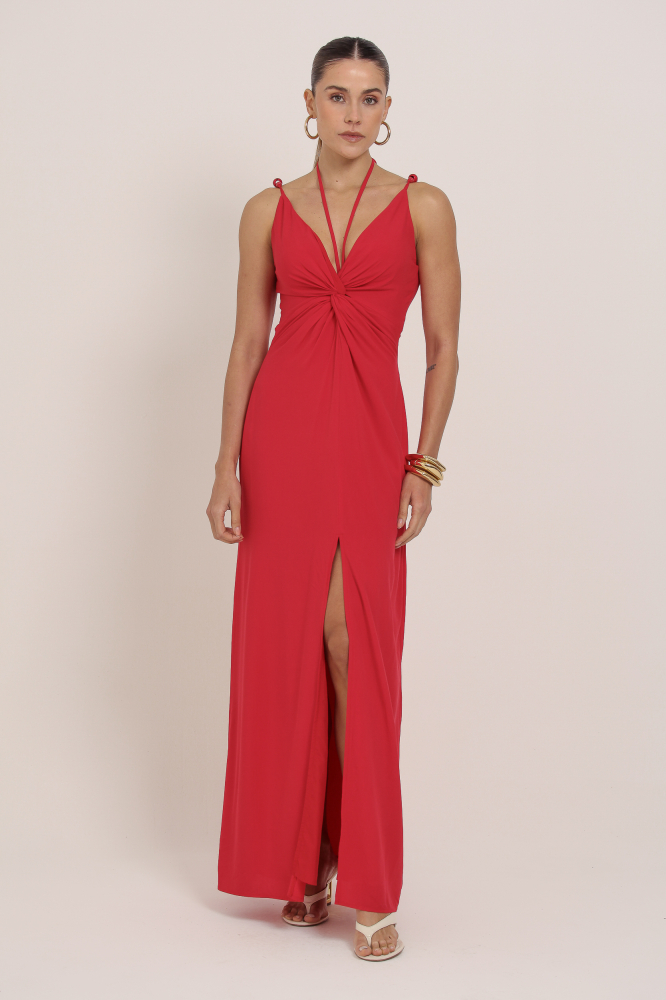9037040 - Vestido Longo Amarração Gola VERMELHO